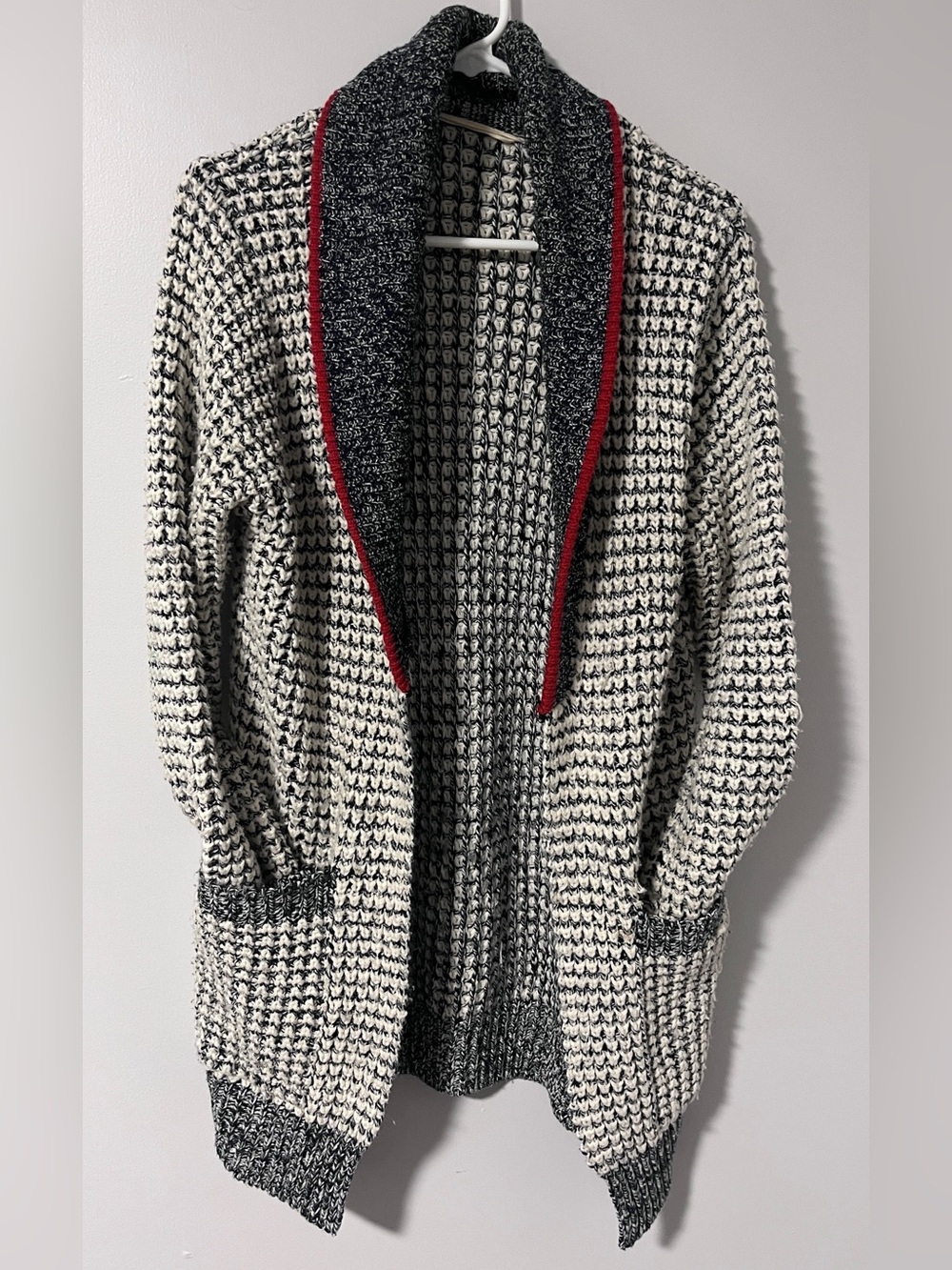 Cozy Knit Open-Front Cardigan Sweater in Black and Cream with Red Trim well used